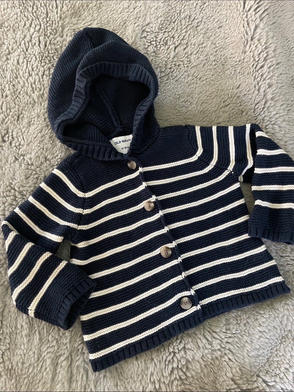 Baby Gap Sweater Sz 12/18M Striped Navy Blue Knit Hoodie Winter Coat